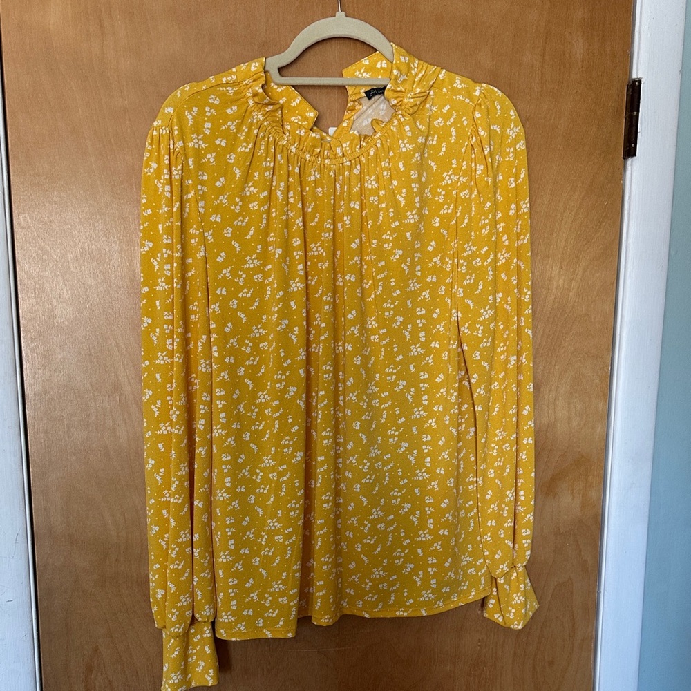 Adrianna Papell Yellow Floral Ruffle-Neck Blouse